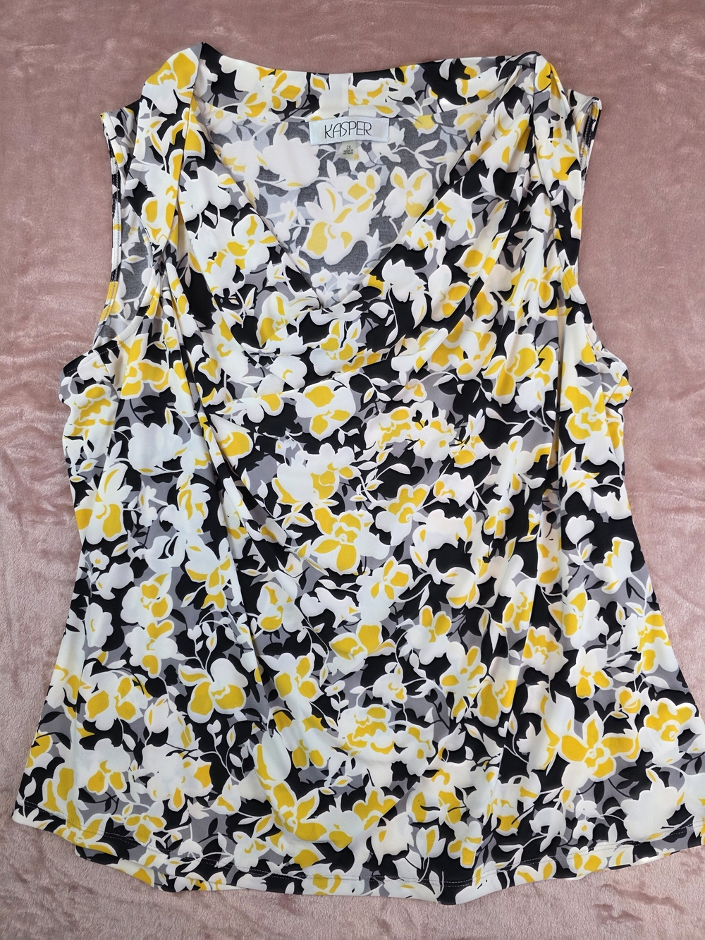 Kasper Yellow, Black and White Floral Cowl Neck Sleeveless Top